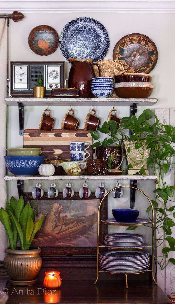 a shelf filled with plates and bowls next to a potted plant