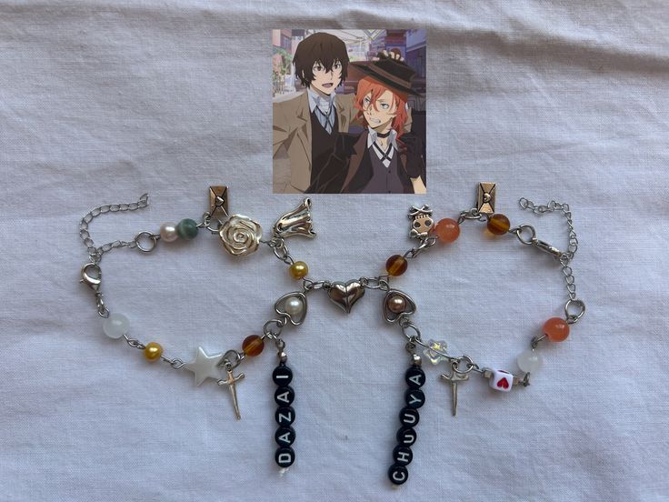 You will get 2 bracelets Length can be personalized Chain: stainless steel  Beads : glass,metal,plastic  Please don't hesitate to ask any questions! All my products are belong to me please do not copy! Anime Jewelry Bracelets, Bungo Stray Dogs Bracelet, Bsd Bracelet Ideas, Dazai Bracelet, Dazai And Chuuya Anime, Chuuya Bracelet, Bsd Bracelet, Best Friend Beaded Bracelets, Chuuya Anime