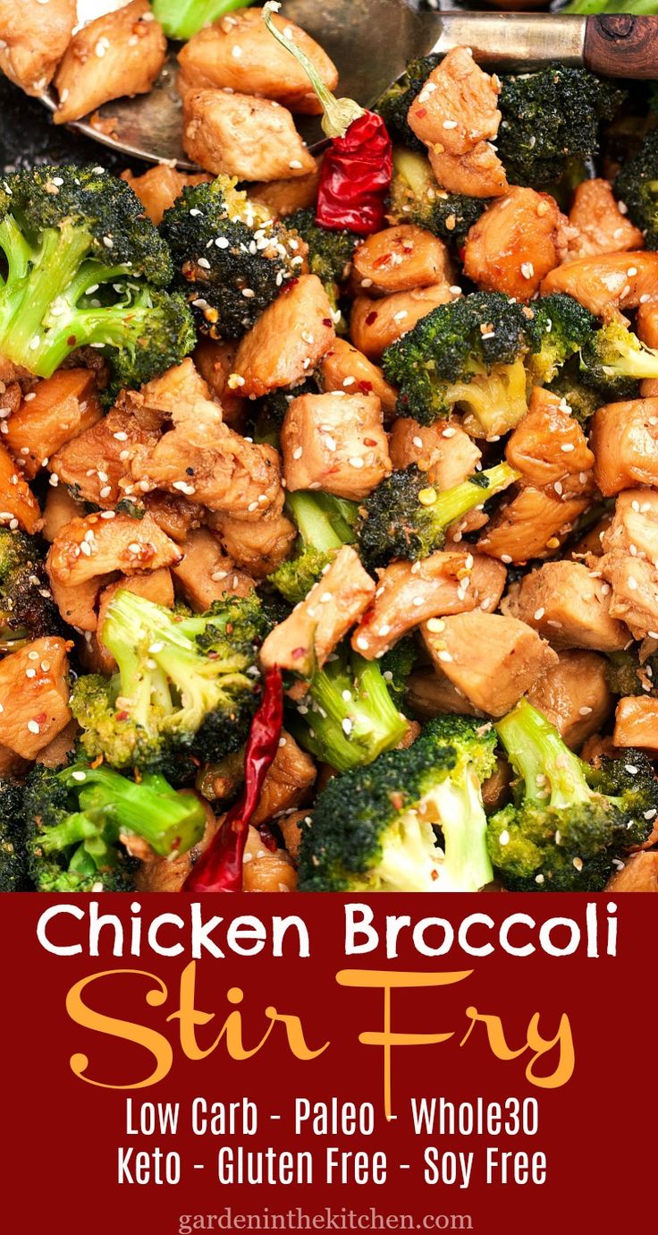 chicken and broccoli stir fry in a skillet with text overlay that reads, chicken broccoli stir fry low carb - pale whole