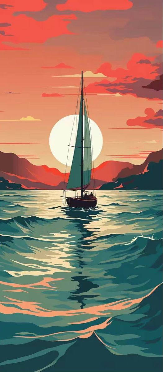 a painting of a sailboat in the ocean at sunset