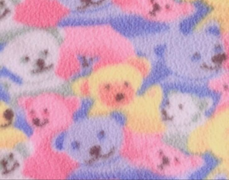 a group of teddy bears on a multicolored background with pink, yellow and blue colors