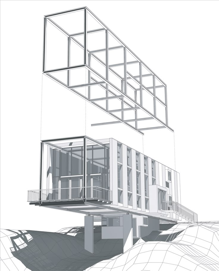 an architectural drawing of a building on top of a hill