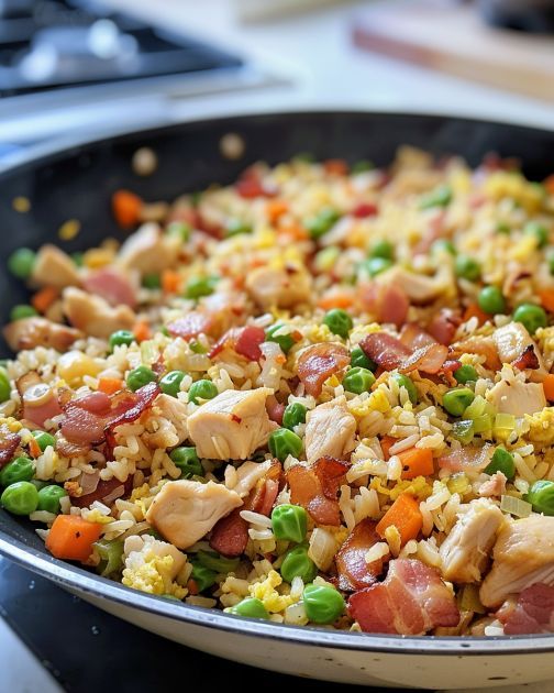 a pan filled with rice and vegetables on top of a stove