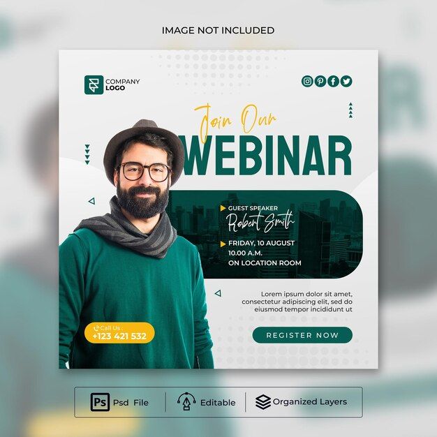 a poster for a webinar with a man wearing glasses