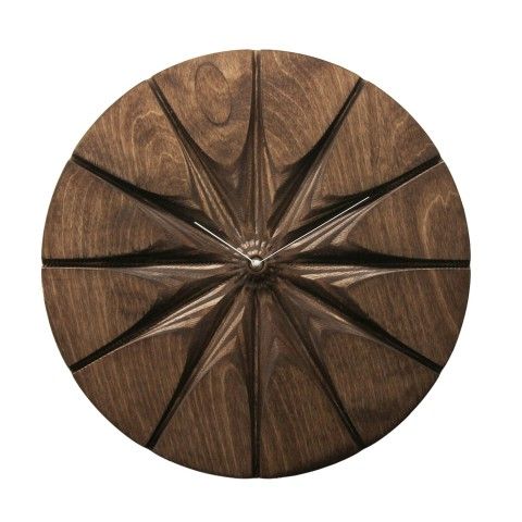 an image of a wooden wall clock with four spokes in the center on white background