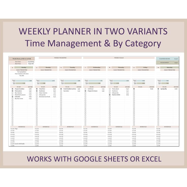 the weekly planner in two variants time management and by category works with google sheets or excel