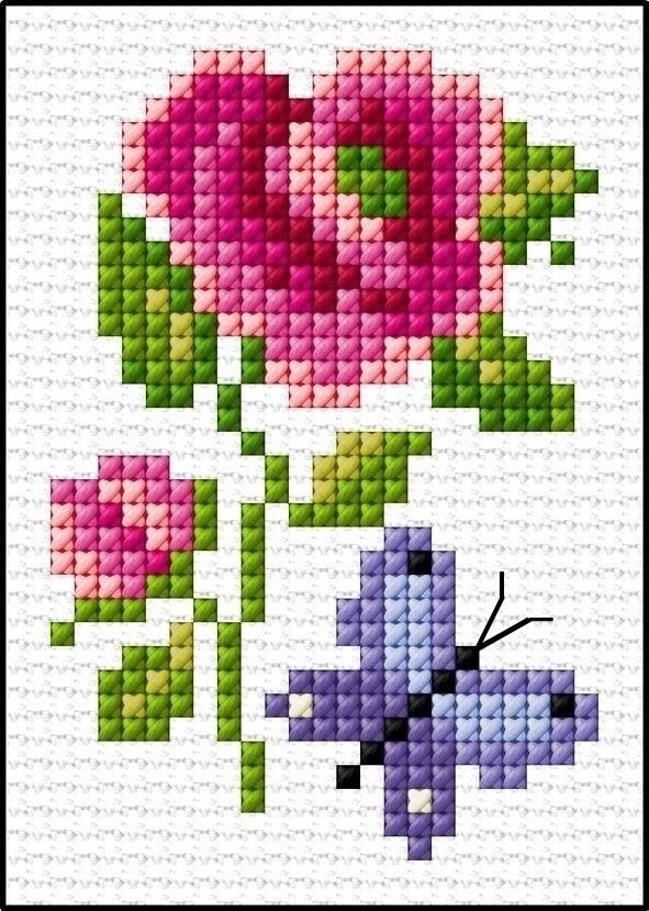 a cross stitch pattern with pink flowers and a blue butterfly on the left hand side