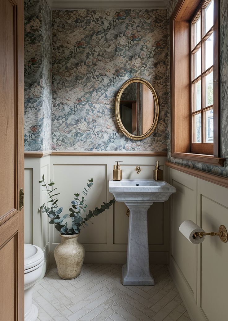 a bathroom with a pedestal sink, mirror and toilet paper roll on the wall next to it