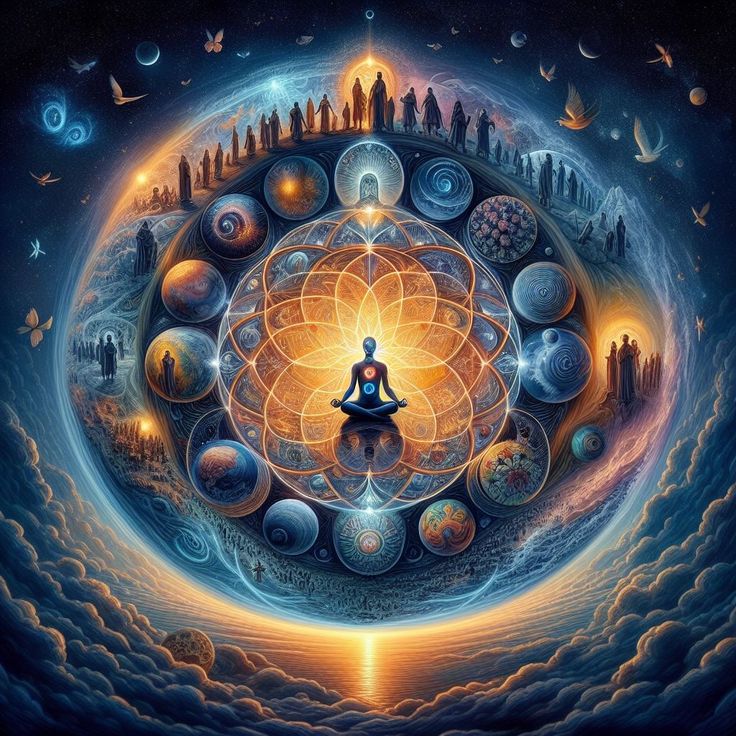 a painting of a person sitting in the middle of a circle surrounded by planets and stars