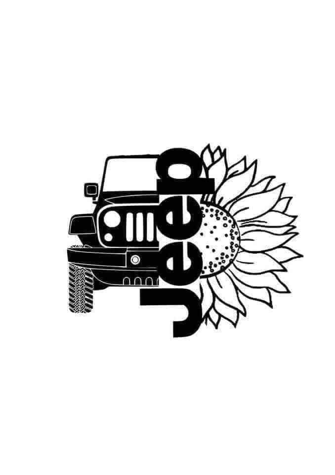 a black and white image of a jeep with sunflower