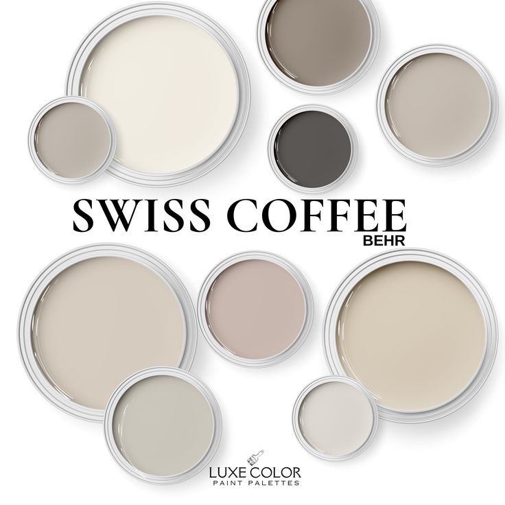 six different shades of coffee with the words swiss coffee behr on it in black and white