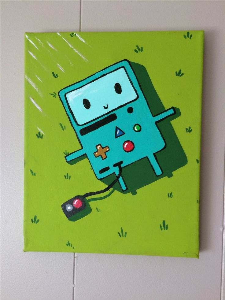 a painting of a cartoon character holding a game controller in his hand, on a green background