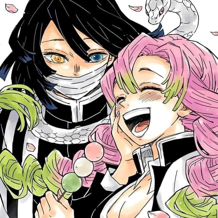 two anime characters with pink hair and black eyes