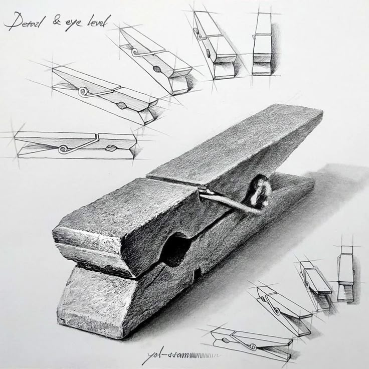 a pencil drawing of a piece of wood with tools in the back and on the front