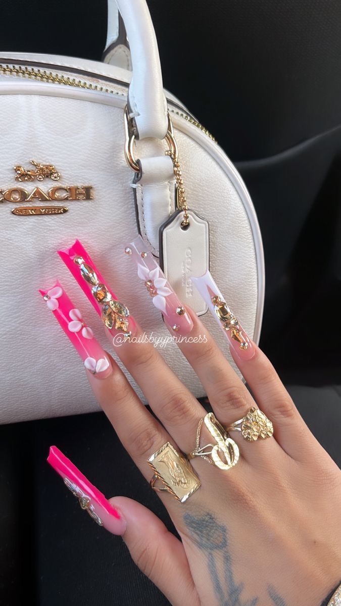 Acrylic Xl Nails, Matte Long Acrylic Nails, Simple Xxl Nails, Hood Rat Nails, Nails Ideas Rhinestones, Dramatic Pink Nails, Bling Freestyle Nails, Bday Acrylic Nails, Long Acrylic Nails Extra