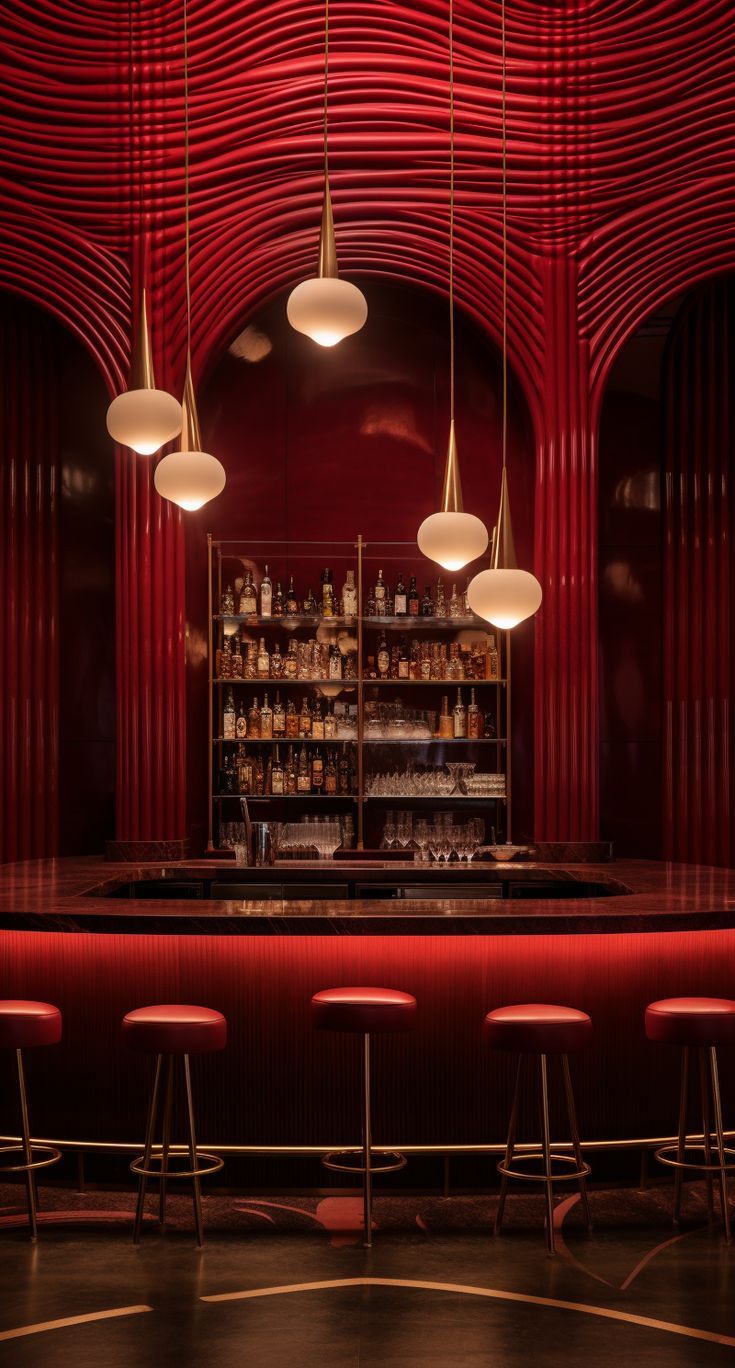 a bar with stools and lights hanging from it's red walls, along with several bottles on the shelves