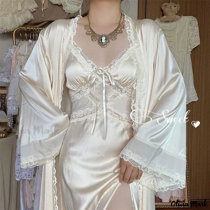 Olivia Mark - Vintage Silk Sensation Sweet and Soft Downton Manor Camisole Nightgown - Luxurious Skin-Friendly Sleepwear and Morning Robe Minecraft Dairies, Long Split Dress, Glow Tips, Royalcore Aesthetic, Roblox Clothes, Chemise Dress, Accessory Ideas, Fairy Dresses, فستان سهرة