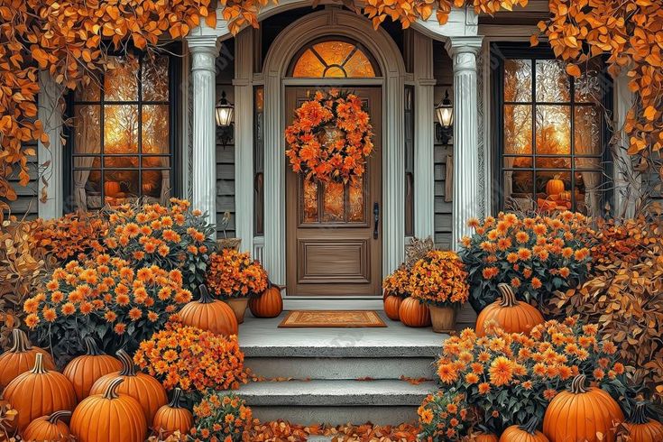 an autumn scene with pumpkins and flowers in front of a door surrounded by foliage