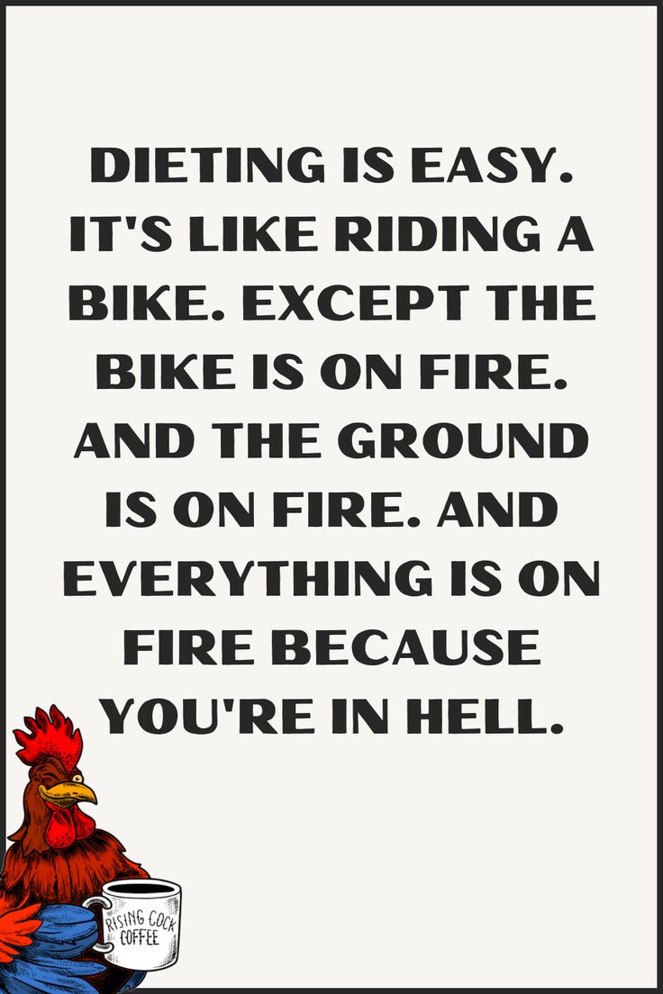 a chicken sitting on top of a blue chair next to a white sign that says dieting is easy it's like riding a bike except the bike