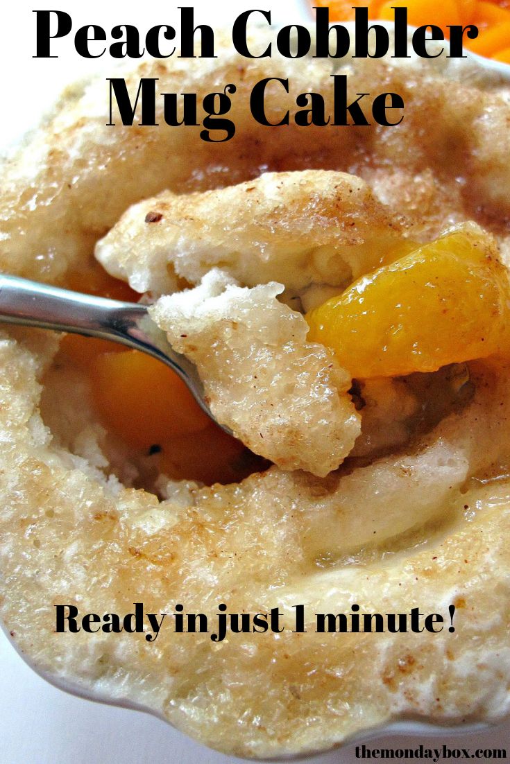 a close up of a spoon in a bowl of food with words above it that read, peach cobbler mug cake ready in just 1 minute