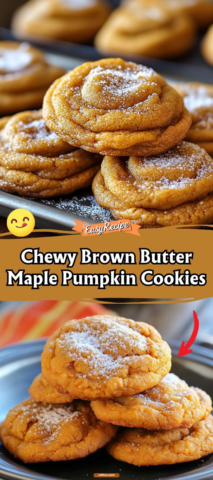 chewy brown butter maple pumpkin cookies stacked on top of each other with the words, chewy brown butter maple pumpkin cookies