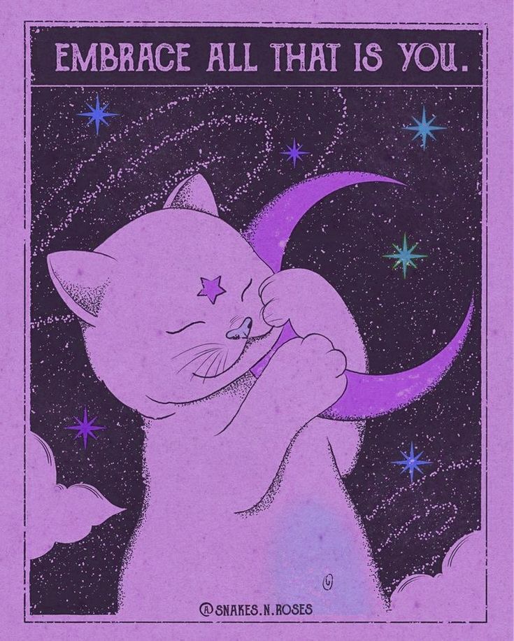 a purple poster with a cat sleeping on the moon and stars in the night sky