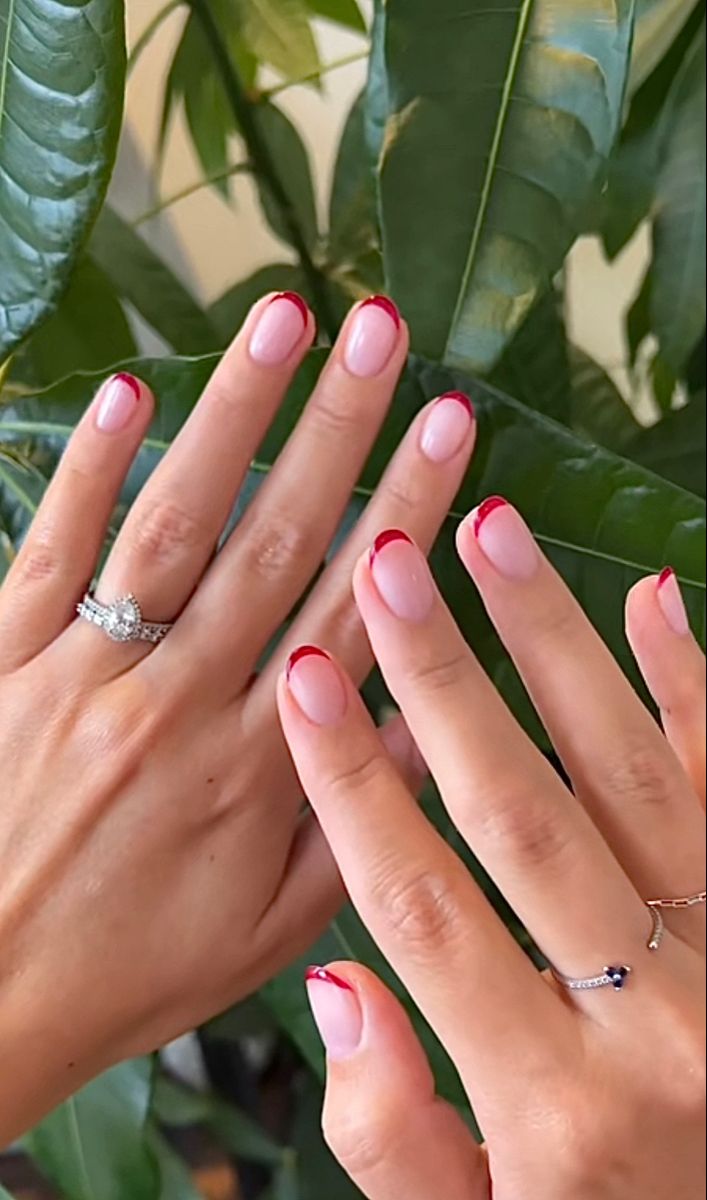 Biab Nails Coloured Tips, Red Holiday French Tip Nails, Short Biab Nails French Tip, Short Round Red French Tip Nails, Rounded Nails French Tip, Short Nail Red French Tip, Coloured French Tips Short, Red Nails With Red French Tip, Very Short Valentines Nails