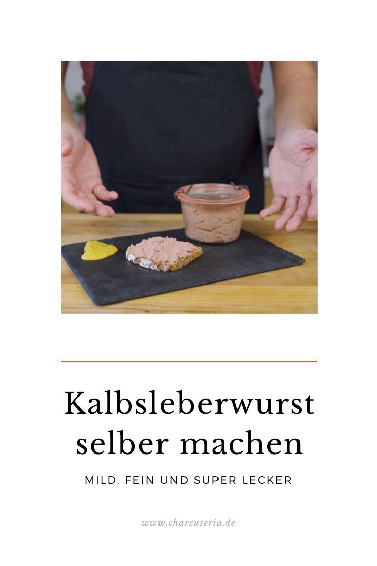 a person standing in front of a cutting board with food on it and the words kalbsbeberwurst seber machen