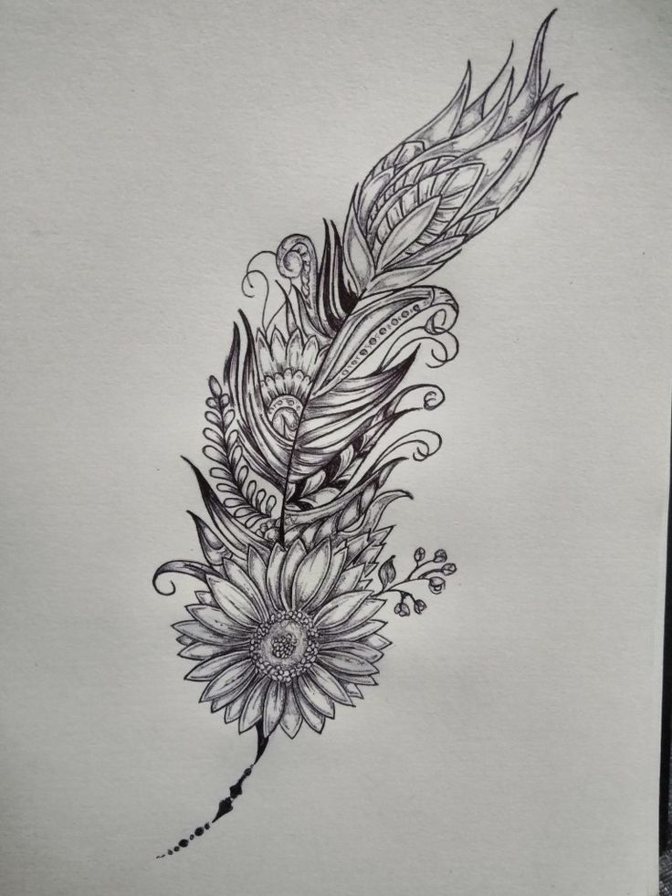 a drawing of a feather with flowers on it