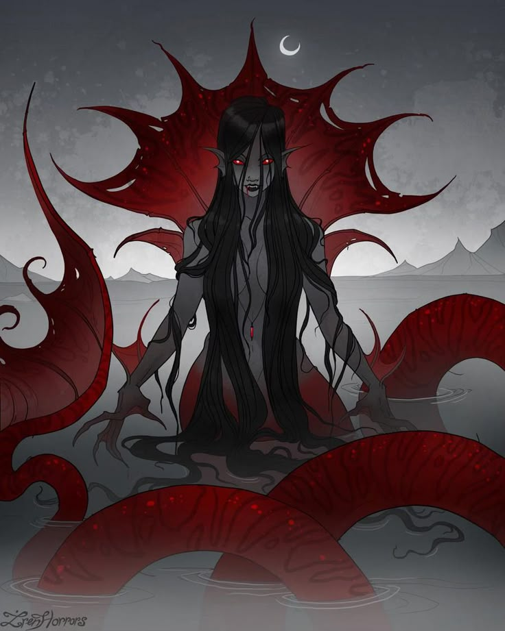 a woman with long black hair sitting on top of a body of water next to a red dragon