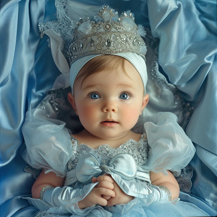 a baby wearing a tiara and sitting on a blue blanket