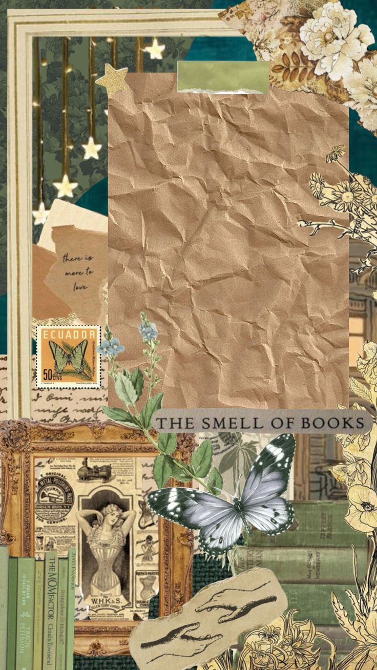 an altered collage of books and papers with flowers, butterflies, and other things