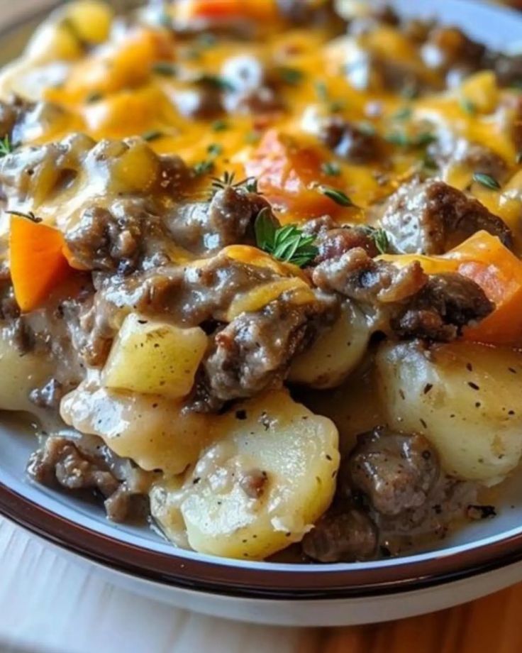 a white plate topped with potatoes and meat covered in gravy on top of a wooden table