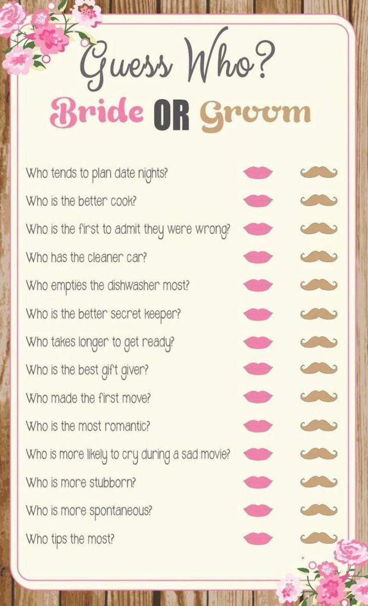 a pink and white poster with the words guess who? bride or groom