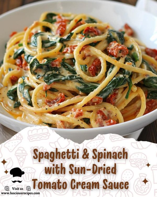 spaghetti and spinach with sun - dried tomato cream sauce in a white bowl on a wooden table