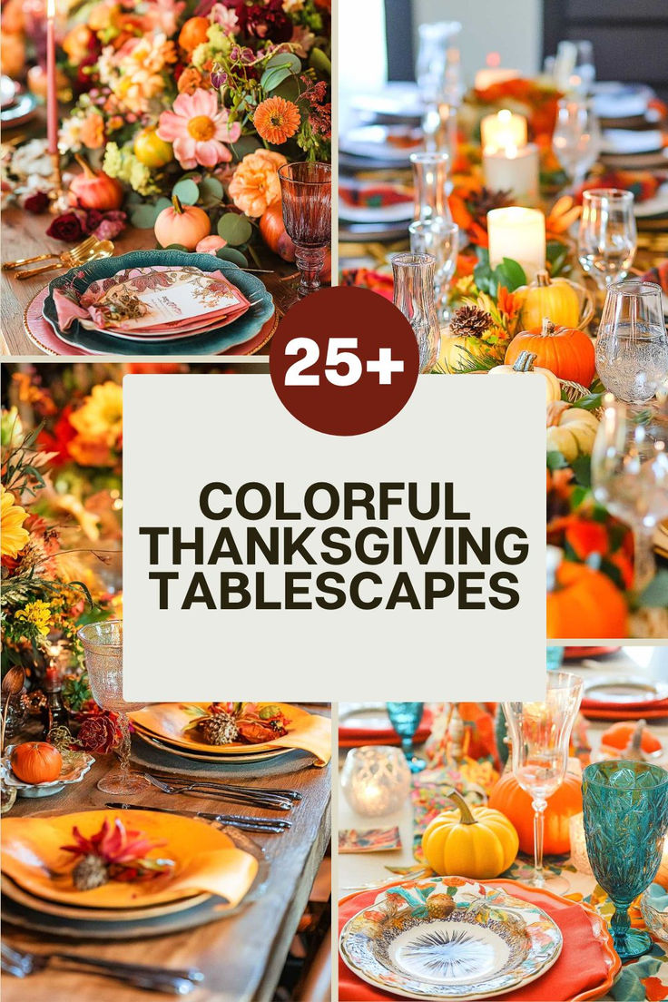 colorful thanksgiving tablescapes with text overlay