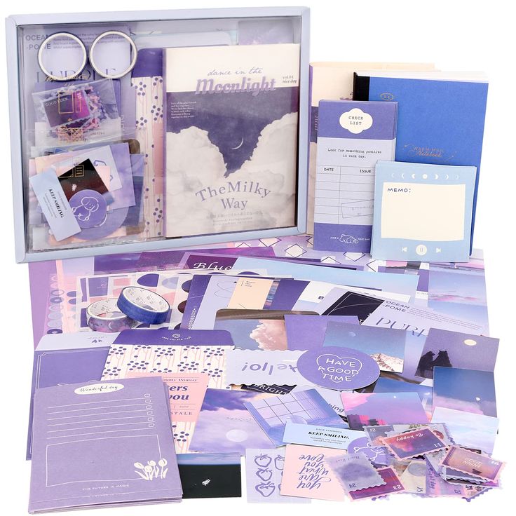 PRICES MAY VARY. Value Scrapbook Kit:Come with A6 Grid Notebook(256page),vintage poster book cover, washi/PET sticker*8 sheets(179pcs), note paper*60(3 types*20), envelope*2(5.1in*3.34in),scrapbook paper*20(10 sheets:6.5in*3.15, 5 sheets:5.9in*5.9in, 5 sheets:8.34in*6.3in),folding laber*10(6.6in*1.77in), card*15, paper photo frame*5, calender stickers*31, washi tape*2(0.4in*78.8in).This kit have everything your need! Purple Aesthetic Style:Everything in this kit is aesthetic style.Scrapbook pape Aesthetic Scrapbook, Notebook Collage, Scrapbook Vintage, Paper Decorations Diy, Scrapbooking Vintage, Album Journal, Scrapbooking Set, Scrapbooking Journal, Grid Notebook