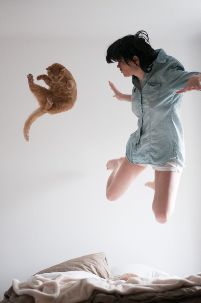 a girl jumping in the air with two cats behind her