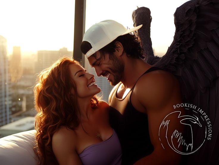 a man and woman standing next to each other in front of a window with an angel statue