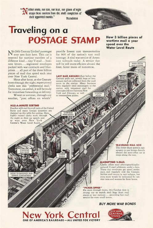 an advertisement for the new york central post office, showing people working on a postage stamp