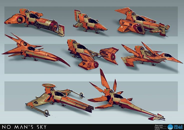 several different types of sci - fi aircrafts are shown in this image, including one that appears to be orange