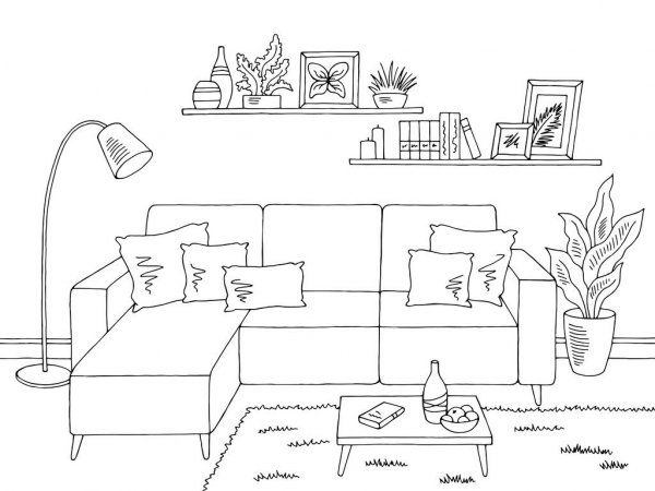 a drawing of a living room with couch, coffee table and bookshelf