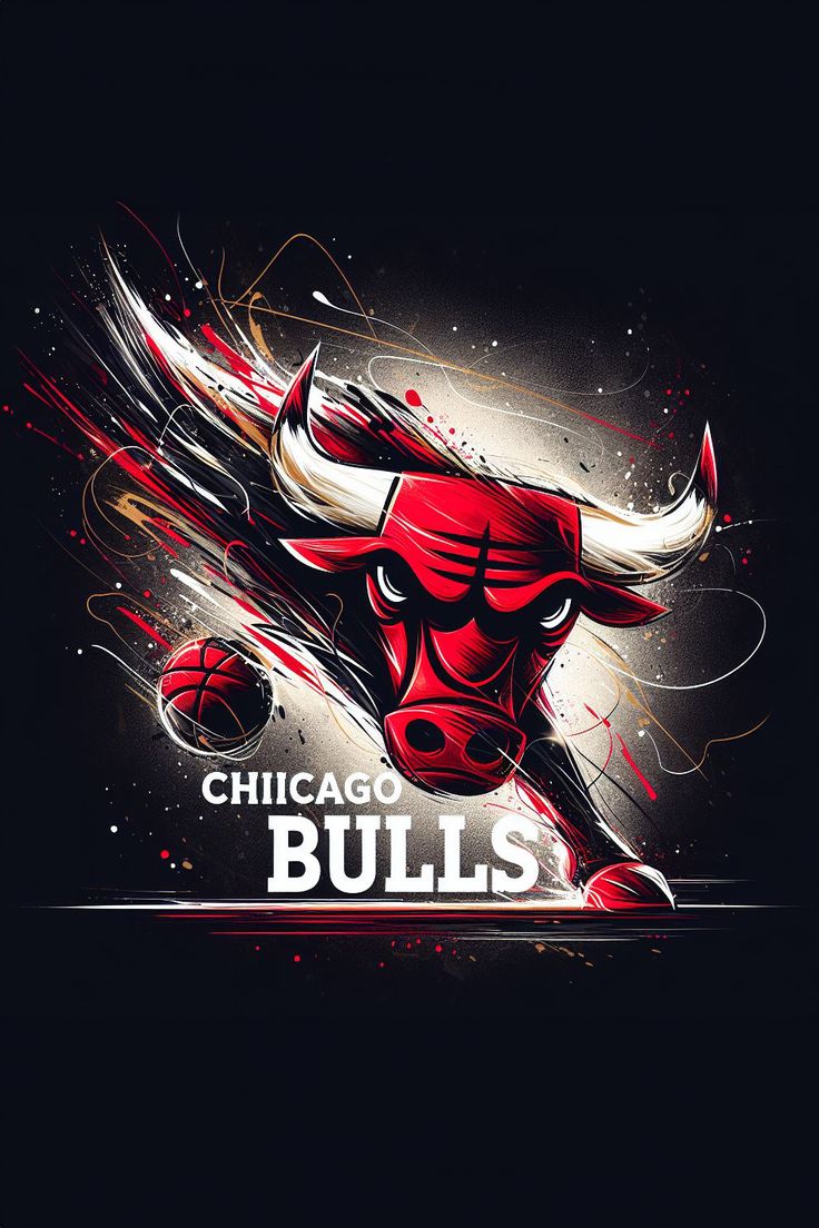 the chicago bulls logo is shown on a black background with red and white paint splatters