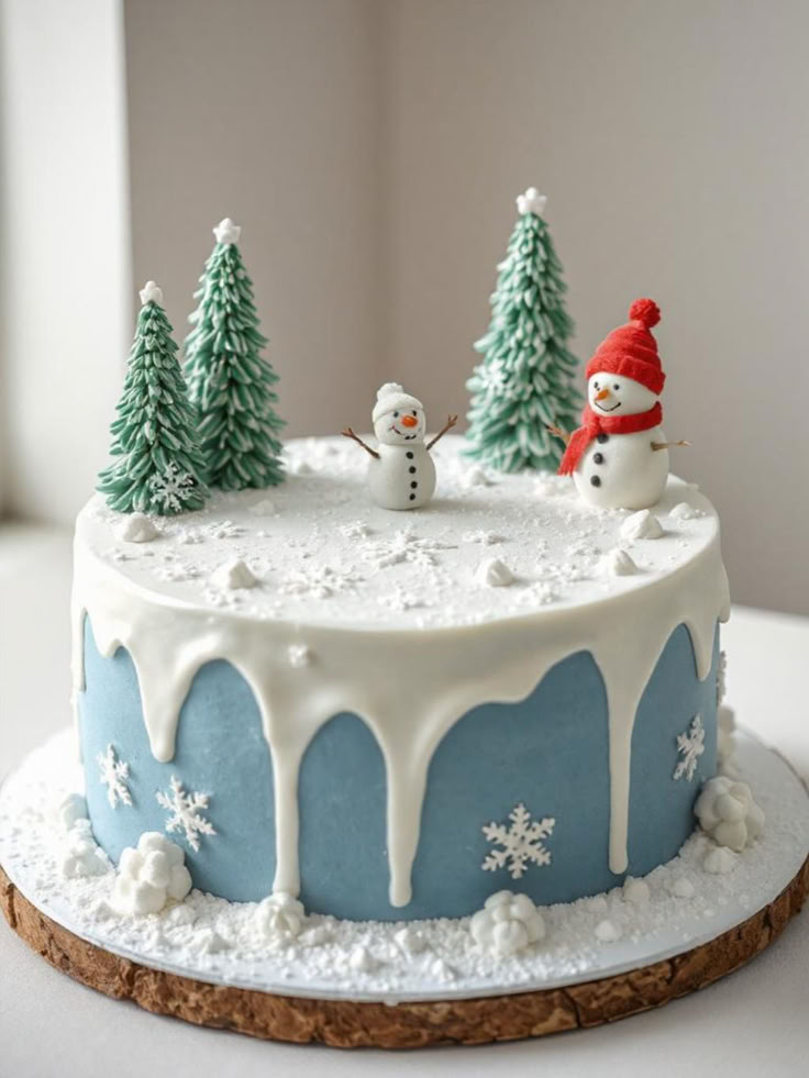 a frosted cake with snowmen and trees on top is sitting on a table