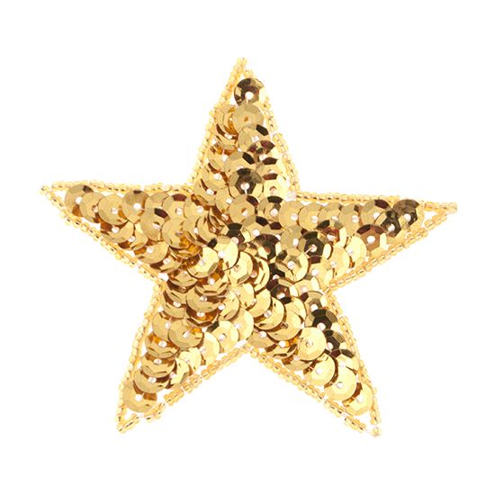 a gold colored star shaped brooch with sequins