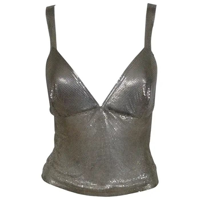 Paco Rabanne Silver Metal Mesh Tank Top For Sale at 1stDibs | silver tank top, metal mesh top, silver mesh top Glamorous Silver Party Tank Top, Glamorous Silver Tank Top For Party, Fitted Silver Sleeveless Crop Top, Sleeveless Silver Crop Top For Club, Silver Sleeveless Tank Top For Club, Mesh Tank Top For Night Out, Silver Sleeveless Crop Top For Evening, Metallic Fitted Tank Top, Silver Sleeveless Crop Top For Night Out