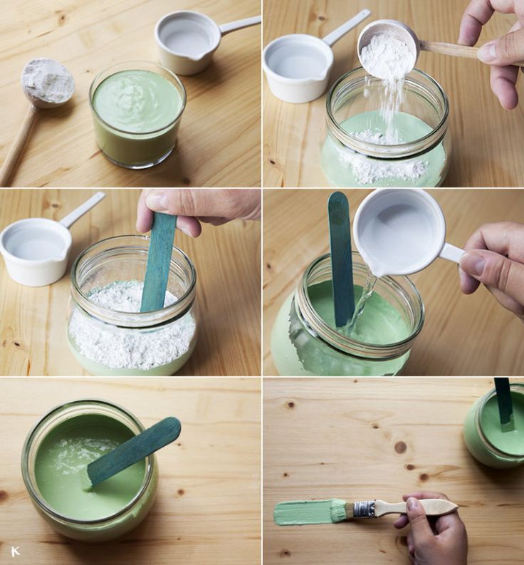 four pictures showing how to make green slime with spoons and measuring cups in them