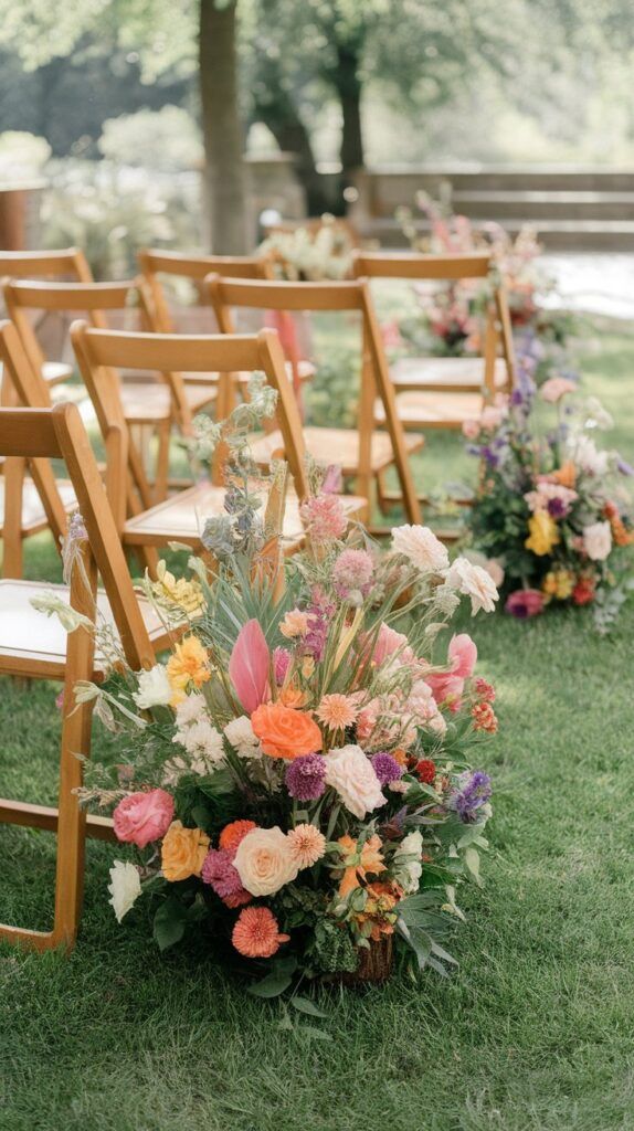 rows of wooden chairs with floral arrangements on the grass at an outdoor wedding ceremony venue