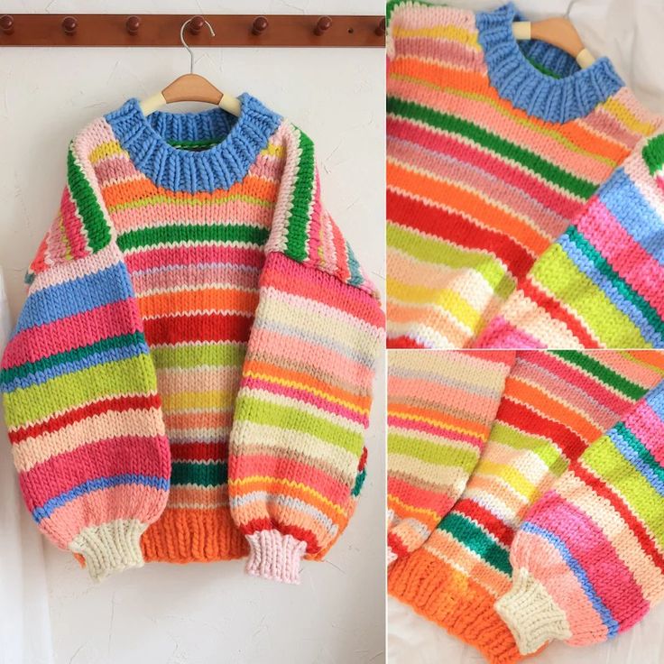 two pictures of colorful sweaters hanging on a clothes hanger, one with multicolored stripes