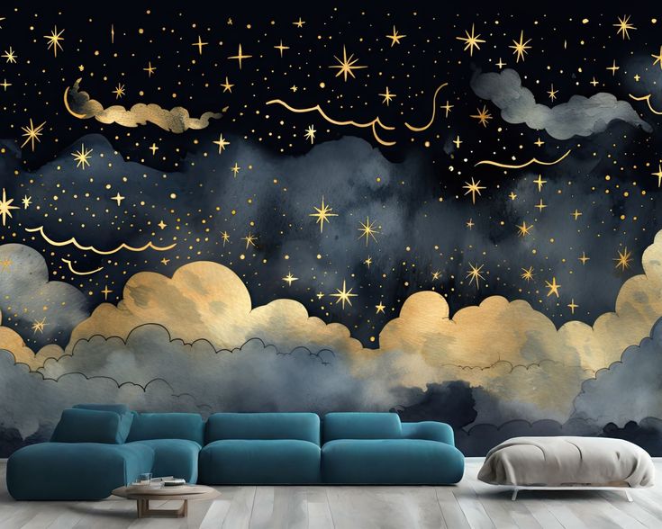 a living room with stars and clouds painted on the wall, along with a blue couch